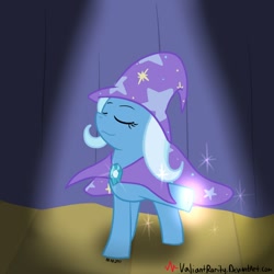 Size: 600x600 | Tagged: dead source, safe, artist:valiantrarity, imported from derpibooru, trixie, pony, unicorn, cape, clothes, female, hat, mare, paint tool sai, shiny, solo, spotlight, stage, trixie's cape, trixie's hat