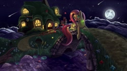 Size: 2123x1200 | Tagged: safe, artist:tsitra360, imported from derpibooru, angel bunny, fluttershy, firefly (insect), fish, pegasus, pony, beautiful, bridge, duo, female, flower, fluttershy's cottage, mare, moon, night, pet, photoshop, river, sky, solo, stream, wallpaper, water