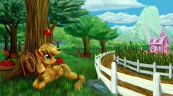 Size: 1920x1070 | Tagged: safe, artist:tsitra360, imported from derpibooru, applejack, earth pony, pony, apple, apple tree, bucket, corn, cottagecore, farm, female, grass, hatless, mare, missing accessory, mountain, photoshop, prone, sir isaac newton, smiling, solo, sweet apple acres, tree