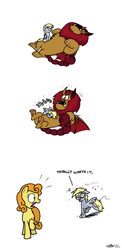 Size: 880x1800 | Tagged: safe, artist:zicygomar, imported from derpibooru, carrot top, derpy hooves, golden harvest, manny roar, earth pony, manticore, pegasus, pony, 3 panel comic, black eye, calvin and hobbes, comic, dizzy, fail, female, mare, no pupils, ouch, photoshop, simple background, trio, tummy buzz, white background, worth it