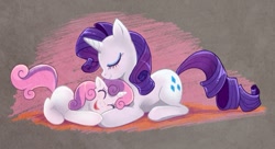 Size: 867x471 | Tagged: dead source, safe, artist:saphamia, imported from derpibooru, rarity, sweetie belle, pony, unicorn, belle sisters, chalk, cute, diasweetes, duo, duo female, female, filly, happy, mare, photoshop, raribetes, sisters, sweetielove