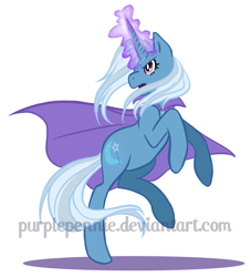 Size: 935x1031 | Tagged: safe, artist:fantaprime, imported from derpibooru, trixie, pony, unicorn, action pose, cape, clothes, female, glowing horn, magic, mare, rearing, simple background, solo, trixie's cape, watermark, white background