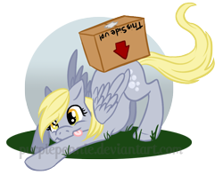 Size: 1004x793 | Tagged: safe, artist:fantaprime, imported from derpibooru, derpy hooves, pegasus, pony, :p, box, cute, derpabetes, female, grass, mare, simple background, solo, tongue out, transparent background, watermark
