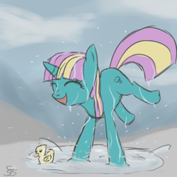 Size: 900x900 | Tagged: dead source, safe, artist:speccysy, imported from derpibooru, dewdrop dazzle, pony, unicorn, cloud, cute, eyes closed, female, happy, mare, puddle, rain, rubber duck, smiling, solo