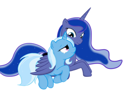 Size: 1000x818 | Tagged: safe, artist:theparagon, imported from derpibooru, princess luna, trixie, alicorn, pony, unicorn, caring, crying, duo, female, happy, lesbian, looking at each other, luxie, mare, palindrome get, prone, shipping, simple background, teary eyes, white background, wing blanket