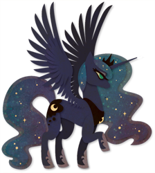 Size: 716x800 | Tagged: safe, artist:sleepwalks, imported from derpibooru, princess luna, alicorn, pony, concave belly, craft, crown, ethereal mane, female, hoof shoes, jewelry, looking forward, mare, peytral, photoshop, princess shoes, raised hoof, regalia, simple background, solo, spread wings, starry mane, transparent background, wings