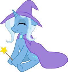 Size: 2083x2210 | Tagged: dead source, safe, artist:anders-art, imported from derpibooru, trixie, pony, unicorn, adobe imageready, cape, clothes, eyes closed, female, happy, hat, high res, mare, simple background, sitting, solo, transparent background, trixie's cape, trixie's hat, wand