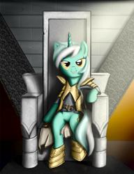 Size: 1000x1300 | Tagged: dead source, safe, artist:easteu, imported from derpibooru, lyra heartstrings, pony, unicorn, bipedal, clothes, crossover, featureless crotch, female, gimp, jarl, looking at you, mare, newbie artist training grounds, sitting, skyrim, solo, the elder scrolls, throne