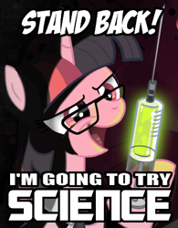 Size: 353x452 | Tagged: safe, artist:don-ko, edit, imported from derpibooru, twilight sparkle, pony, unicorn, cthulhu mythos, female, glasses, glow, glowing, herbert west, image macro, lovecraft, mad scientist, mare, meme, needle, paint.net, re-animator, science, solo, stand back i'm going to try science, syringe, this will end in science, unicorn twilight