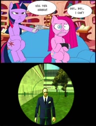 Size: 655x856 | Tagged: source needed, safe, artist:terry, imported from derpibooru, pinkie pie, twilight sparkle, earth pony, pony, unicorn, at gunpoint, businessman, crossover, duo, exploitable meme, female, golden oaks library, grand theft auto, gta liberty city stories, gun, gun meme, mare, meme, pinkamena diane pie, revolver, threatening, tree, trio, unicorn twilight, vulgar