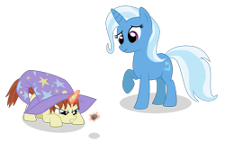 Size: 3000x1900 | Tagged: safe, artist:the smiling pony, imported from derpibooru, trixie, oc, unnamed oc, pony, unicorn, angry, clothes, duo, female, filly, glowing horn, hat, inkscape, levitation, magic, mare, paint.net, rock, simple background, telekinesis, transparent background, trixie's hat, vector