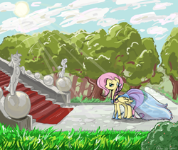 Size: 2000x1692 | Tagged: dead source, safe, artist:lisaorise, imported from derpibooru, fluttershy, pegasus, pony, clothes, cloud, crepuscular rays, dignified wear, dress, female, forest, gala dress, mare, solo, stairs, sun