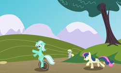 Size: 8000x4800 | Tagged: safe, artist:the smiling pony, imported from derpibooru, bon bon, derpy hooves, lyra heartstrings, sweetie drops, earth pony, pegasus, pony, unicorn, absurd resolution, female, inkscape, mare, mountain, running, stare, tree, trio, trio female, unicycle, vector, wallpaper
