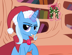 Size: 3000x2288 | Tagged: safe, artist:the smiling pony, imported from derpibooru, trixie, pony, unicorn, bedroom eyes, cape, christmas, clothes, cropped, female, glowing horn, golden oaks library, grin, hat, high res, inkscape, levitation, library, looking at you, magic, mare, mistletoe, raised hoof, santa hat, sitting, smiling, smirk, solo, telekinesis, trixie's cape, vector