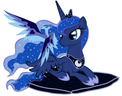 Size: 950x750 | Tagged: safe, artist:virenth, imported from derpibooru, princess luna, alicorn, bird, night phoenix, phoenix, pony, cushion, duo, ethereal mane, female, jewelry, mare, paint.net, pet, prone, regalia, simple background, solo, transparent background, wings