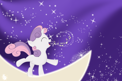Size: 3000x2000 | Tagged: safe, artist:re6ellion, imported from derpibooru, sweetie belle, pony, unicorn, eyes closed, female, filly, high res, moon, music, music notes, photoshop, singing, sky, solo, stars, wallpaper