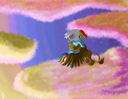 Size: 2500x1932 | Tagged: safe, artist:chaosdrop, imported from derpibooru, gilda, rainbow dash, griffon, pegasus, pony, griffon the brush off, cloud, cloudy, comicstudio, duo, duo female, eyes closed, female, hooves, hug, mare, on a cloud, sky, wings
