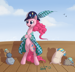 Size: 810x780 | Tagged: safe, artist:alipes, imported from derpibooru, madame leflour, pinkie pie, rocky, sir lintsalot, bird, earth pony, pony, ask pinkie pierate, bicorne, bipedal, featureless crotch, female, hat, hilarious in hindsight, mare, pirate, smiling