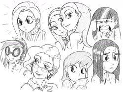 Size: 1600x1200 | Tagged: safe, artist:thelivingmachine02, imported from derpibooru, aloe, berry punch, berryshine, dj pon-3, fluttershy, lotus blossom, mayor mare, rarity, twilight sparkle, vinyl scratch, human, female, gimp, glasses, grayscale, humanized, monochrome, simple background, spa twins, white background