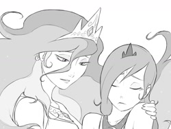 Size: 1600x1200 | Tagged: safe, artist:thelivingmachine02, imported from derpibooru, princess celestia, princess luna, human, friendship is magic, duo, duo female, eyes closed, female, gimp, grayscale, hand on shoulder, humanized, monochrome, royal sisters, s1 luna, scene interpretation, simple background, white background