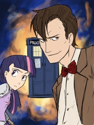 Size: 768x1024 | Tagged: safe, artist:thelivingmachine02, imported from derpibooru, doctor whooves, time turner, twilight sparkle, human, crossover, doctor who, eleventh doctor, female, gimp, humanized, looking at you, male, tardis, the doctor, time lord