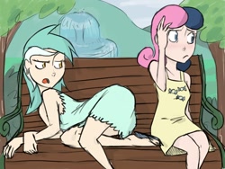 Size: 1024x768 | Tagged: safe, artist:thelivingmachine02, imported from derpibooru, bon bon, lyra heartstrings, sweetie drops, human, ankles, ashamed, ass, bench, blushing, bon bon is not amused, butt, clothes, dress, duo, embarrassed, feet, female, flip-flops, font, frown, gimp, glare, humanized, humans doing horse things, lesbian, looking away, lyra hindstrings, lyrabon, lyrebutt, meme, open mouth, prone, sandals, shipping, sitting, sitting lyra, unamused