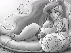 Size: 1600x1200 | Tagged: safe, artist:thelivingmachine02, imported from derpibooru, princess celestia, human, bra, breasts, clothes, female, frilly underwear, gimp, gray background, grayscale, humanized, monochrome, on side, panties, reading, side, simple background, solo, tiara, underwear