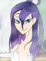 Size: 768x1024 | Tagged: safe, artist:thelivingmachine02, imported from derpibooru, rarity, human, bedroom eyes, breasts, eyelashes, eyeshadow, female, gimp, humanized, indoors, light skin, long hair, looking at you, mirror, naked towel, purple hair, sauna, sink, smiling, solo, standing, sweat, towel, wet, wet hair, wet mane, wet mane rarity