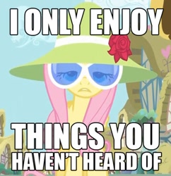 Size: 500x517 | Tagged: safe, edit, edited screencap, imported from derpibooru, screencap, fluttershy, pegasus, pony, green isn't your color, season 1, female, glasses, hat, hilarious in hindsight, hipster, hipstershy, image macro, mare, meme, solo, text