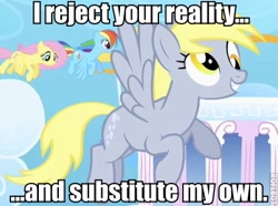 Size: 430x320 | Tagged: safe, edit, edited screencap, imported from derpibooru, screencap, derpy hooves, fluttershy, rainbow dash, pegasus, pony, adam savage, cloudsdale, female, i reject your reality and substitute my own, image macro, mare, meme, mythbusters, text, the dungeonmaster