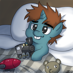 Size: 900x900 | Tagged: safe, artist:johnjoseco, imported from derpibooru, snips, pony, unicorn, bucktooth, colt, cute, diasnips, laying on bed, lying on bed, male, morning ponies, solo, train, zeppelin
