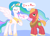 Size: 2338x1700 | Tagged: safe, artist:tess, imported from derpibooru, big macintosh, princess celestia, alicorn, earth pony, pony, big macintosh's yoke, blue background, crown, dialogue, duo, english, eyes closed, female, frown, funny, horse collar, jewelry, looking at you, mac, mac ad parody, male, mare, name pun, open mouth, pc, pun, raised hoof, regalia, serious, serious face, simple background, smiling, speech bubble, spread wings, stallion, unamused, unshorn fetlocks
