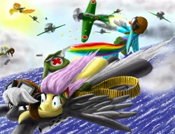 Size: 3000x2300 | Tagged: dead source, safe, artist:laaseensld, imported from derpibooru, derpy hooves, fluttershy, rainbow dash, soarin', spitfire, oc, unnamed oc, pegasus, pony, ammo drum, aviator hat, colt m1911, dogfight, dual pistol, dual wield, female, fighter, flying, goggles, gun, hat, high res, japan, mare, medic, medical pony, mitsubishi a6m zero, photoshop, plane, submachinegun, war, weapon