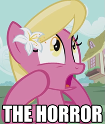 Size: 431x509 | Tagged: safe, edit, edited screencap, imported from derpibooru, screencap, lily, lily valley, earth pony, pony, applebuck season, bridle gossip, season 1, background pony, dialogue, female, flower, flower in hair, image macro, lily (flower), mare, meme, open mouth, reaction image, solo, text, the horror