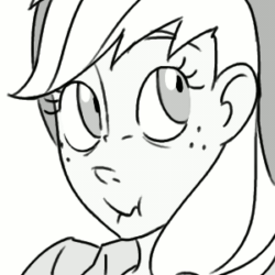 Size: 300x300 | Tagged: safe, artist:thelivingmachine02, imported from derpibooru, applejack, human, animated, female, freckles, gif, gimp, hat, humanized, liar face, liarjack, monochrome, scrunchy face, shifty eyes, simple background, solo, white background