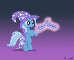 Size: 1000x811 | Tagged: dead source, safe, artist:glittering-pony, imported from derpibooru, trixie, pony, unicorn, card, clothes, female, gradient background, hat, levitation, magic, mare, photoshop, rearing, solo, telekinesis, trixie's hat