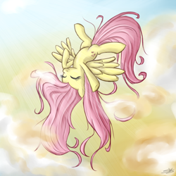 Size: 900x900 | Tagged: dead source, safe, artist:speccysy, imported from derpibooru, fluttershy, pegasus, pony, 2011, cloud, cloudy, crepuscular rays, cute, derpibooru legacy, female, first fluttershy picture on derpibooru, flying, index get, mammal, mare, messy mane, milestone, one of the first, shyabetes, signature, sky, solo, spread wings, stretching, sunlight, sunshine, sweet dreams fuel, weapons-grade cute, wings