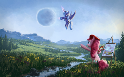 Size: 1680x1050 | Tagged: source needed, safe, artist:moe, imported from derpibooru, pinkie pie, princess luna, alicorn, earth pony, pony, 16:10, 2011, beret, bipedal, celestial mechanics, creek, cute, diapinkes, duo, duo female, easel, featured image, female, first alicorn picture on derpibooru, first luna picture on derpibooru, first pinkie pie picture on derpibooru, flower, flying, forest, frown, g4, grass, hat, luna is not amused, lunabetes, magic, mare, moon, moon work, mountain, one of the first, open mouth, paint, paintbrush, painter, painting, palette, pinkie da vinci, pointing, river, s1 luna, scenery, scenery porn, signature, sitting, spread wings, sweet dreams fuel, tree, unamused, valley, wall of tags, wallpaper, wings