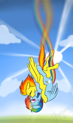Size: 900x1500 | Tagged: source needed, safe, artist:calicopikachu, imported from derpibooru, rainbow dash, spitfire, pegasus, pony, artifact, blushing, cloud, cloudy, contrail, crepuscular rays, cute, cutefire, dashabetes, day, duo, eyes closed, falling, female, first lesbian picture on derpibooru, first rainbow dash picture on derpibooru, first shipping picture on derpibooru, first spitfire picture on derpibooru, floppy ears, flying, g4, hug, kiss on the lips, kissing, lesbian, mare, omote renge, one of the first, rainbow, rainbow trail, shipping, signature, sky, skyfall, spitdash, spread wings, sun, sunlight, sunshine, surprise kiss, surprised, sweet dreams fuel, wide eyes