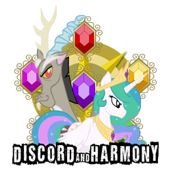 Size: 3300x3300 | Tagged: dead source, safe, artist:bronyfang, imported from derpibooru, discord, princess celestia, alicorn, draconequus, pony, elements of harmony, female, high res, mare, photoshop, simple background, transparent background