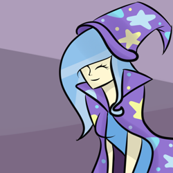 Size: 1200x1200 | Tagged: dead source, safe, artist:askhumantrixie, artist:sirensy, imported from derpibooru, trixie, human, abstract background, cape, clothes, female, hat, humanized, smiling, solo, trixie's cape, trixie's hat