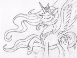 Size: 3116x2358 | Tagged: dead source, safe, artist:bronyfang, imported from derpibooru, princess celestia, alicorn, pony, eyes closed, female, grayscale, high res, mare, monochrome, raised hoof, sketch, solo, spread wings, traditional art, wings