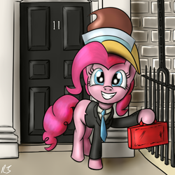 Size: 1000x1000 | Tagged: safe, artist:redesine, imported from derpibooru, chancellor puddinghead, pinkie pie, earth pony, pony, britain, british, budget, clothes, downing street, female, government, hat, london, mare, political cartoon, politics, smiling, solo, suit