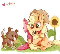 Size: 600x542 | Tagged: safe, artist:ipun, imported from derpibooru, apple bloom, applejack, winona, dog, earth pony, pony, apple sisters, applejack's hat, cowboy hat, female, filly, flower, foal, hat, hug, mare, pet, siblings, simple background, sisters, trio, white background