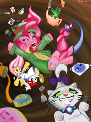 Size: 800x1070 | Tagged: safe, artist:giuliabeck, imported from derpibooru, angel bunny, fluttershy, gummy, opalescence, pinkie pie, rarity, alligator, cat, earth pony, pegasus, pony, reptile, alice in wonderland, card, clothes, crossover, eyes closed, falling, female, hat, mare, parody, pet, photoshop