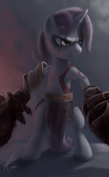 Size: 1345x2187 | Tagged: safe, artist:grissaecrim, artist:raikoh, imported from derpibooru, sweetie belle, pony, unicorn, badass, bipedal, crossover, female, god of war, kratos, mare, paint tool sai, solo