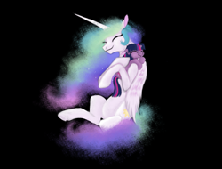 Size: 1213x920 | Tagged: safe, artist:bri-sta, imported from derpibooru, princess celestia, twilight sparkle, alicorn, pony, unicorn, black background, cute, cutelestia, duo, eyes closed, female, filly, filly twilight sparkle, floppy ears, fluffy, foal, hug, mare, momlestia, open mouth, simple background, sitting, smiling, sweet dreams fuel, teacher and student, twiabetes, unicorn twilight, weapons-grade cute, younger