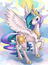 Size: 469x632 | Tagged: dead source, safe, artist:rustystones, imported from derpibooru, princess celestia, alicorn, pony, female, looking at you, mare, raised hoof, solo, spread wings, sun, wings