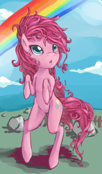 Size: 697x1183 | Tagged: dead source, safe, artist:rustystones, imported from derpibooru, pinkie pie, earth pony, pony, bipedal, female, filly, foal, looking up, open mouth, rainbow, rock farm, solo, sonic rainboom