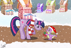 Size: 4500x3000 | Tagged: safe, artist:bronycafe, imported from derpibooru, spike, twilight sparkle, dragon, pony, unicorn, book, christmas, clothes, female, male, mare, photoshop elements, ponyville, present, raised hoof, scarf, smiling, snow, snowfall, unicorn twilight